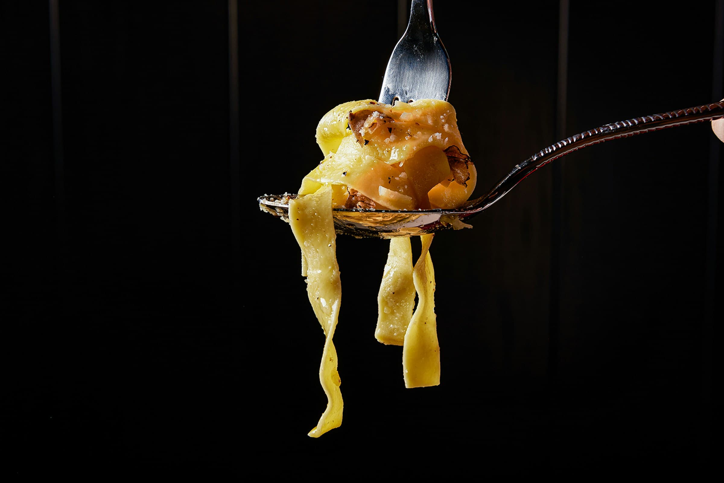 Fresh tagliatelle lifted from the plate