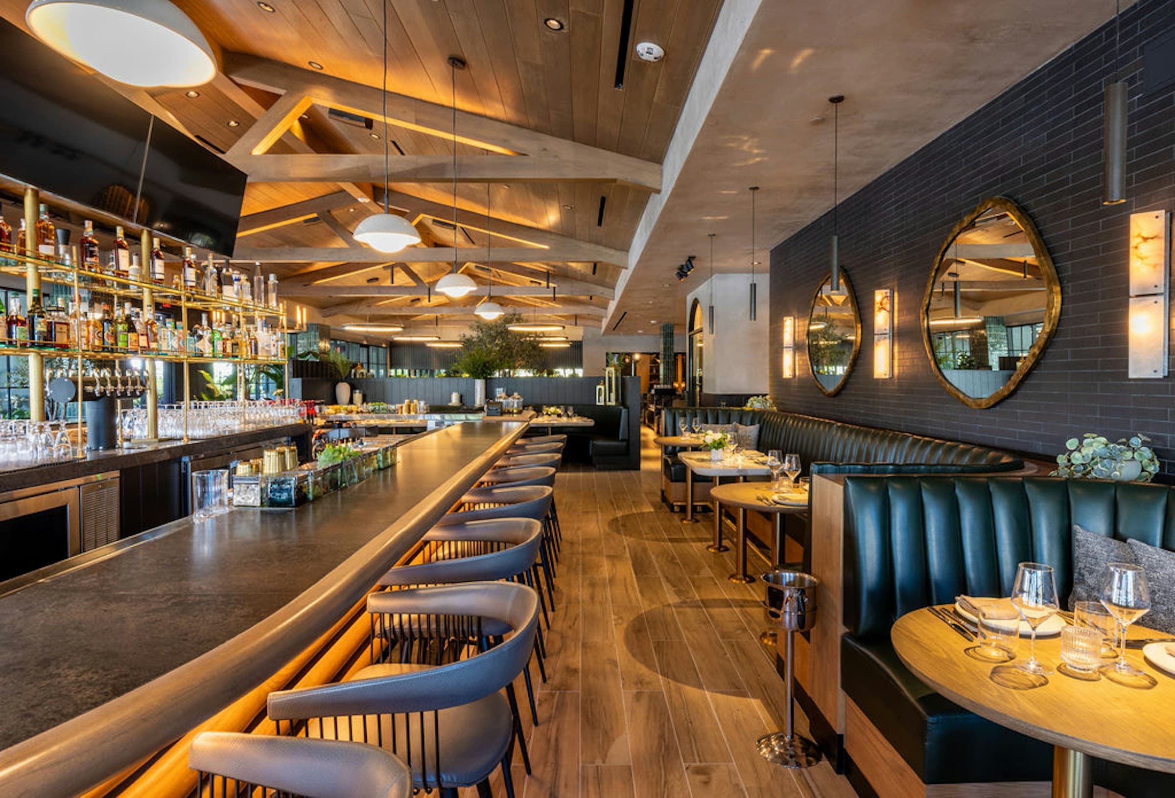 Bar counter with blue leather booths